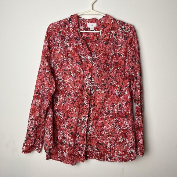 J. Jill Shirt Womens Large Red Pink Multi Floral Button Front Long Sleeve Blouse - Picture 1 of 7